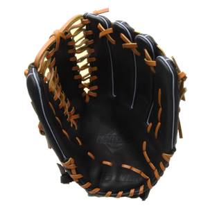 Interior view of a black baseball glove with tan lacing and PROFESSIONAL embossed on the palm.