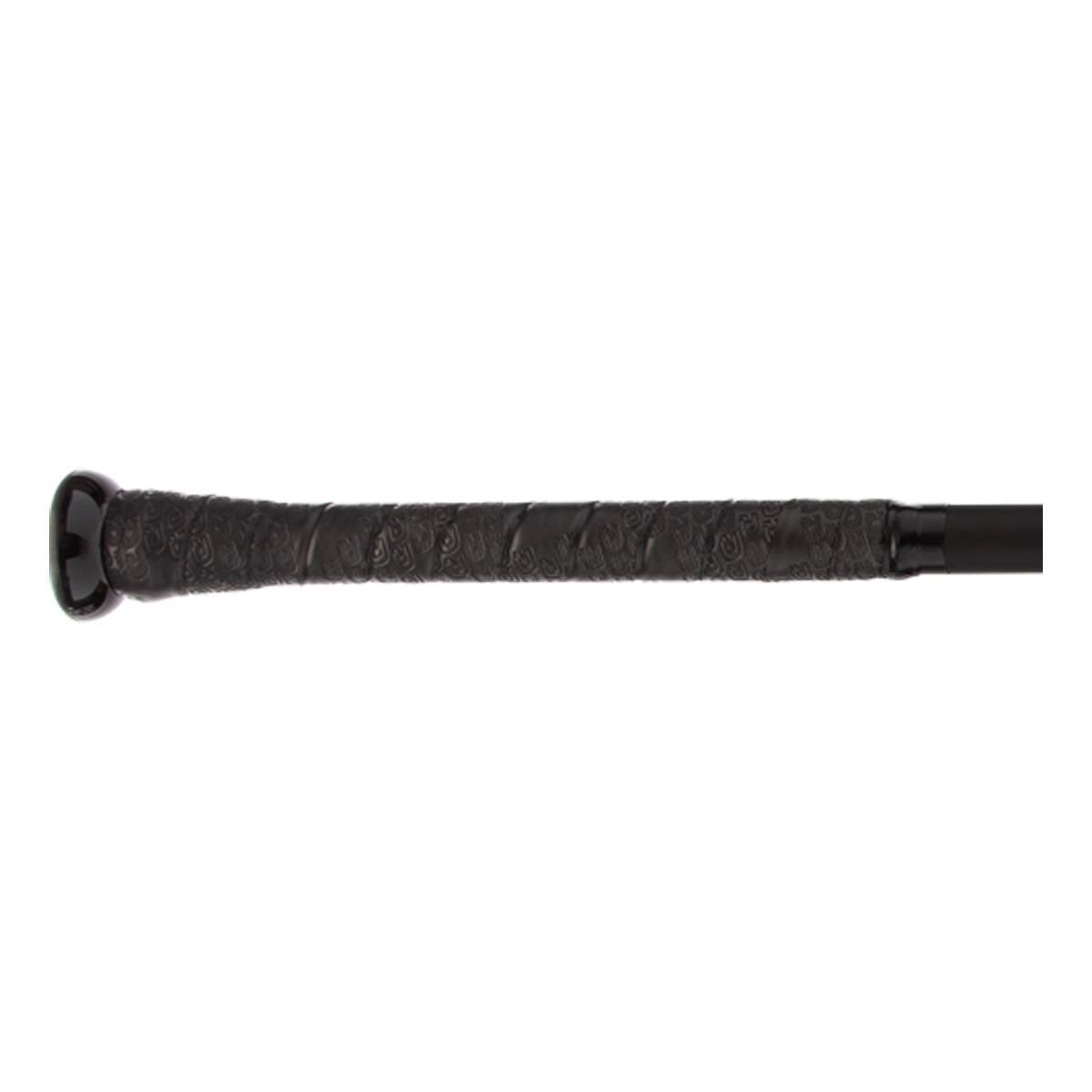 Side view of a black baseball bat with a textured grip and black end cap.
