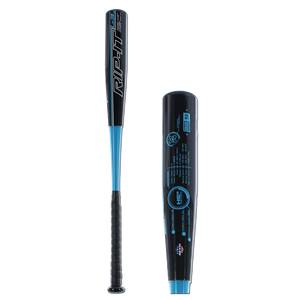 Front view of a black baseball bat with blue accents, RIP-IT logo, and black grip.