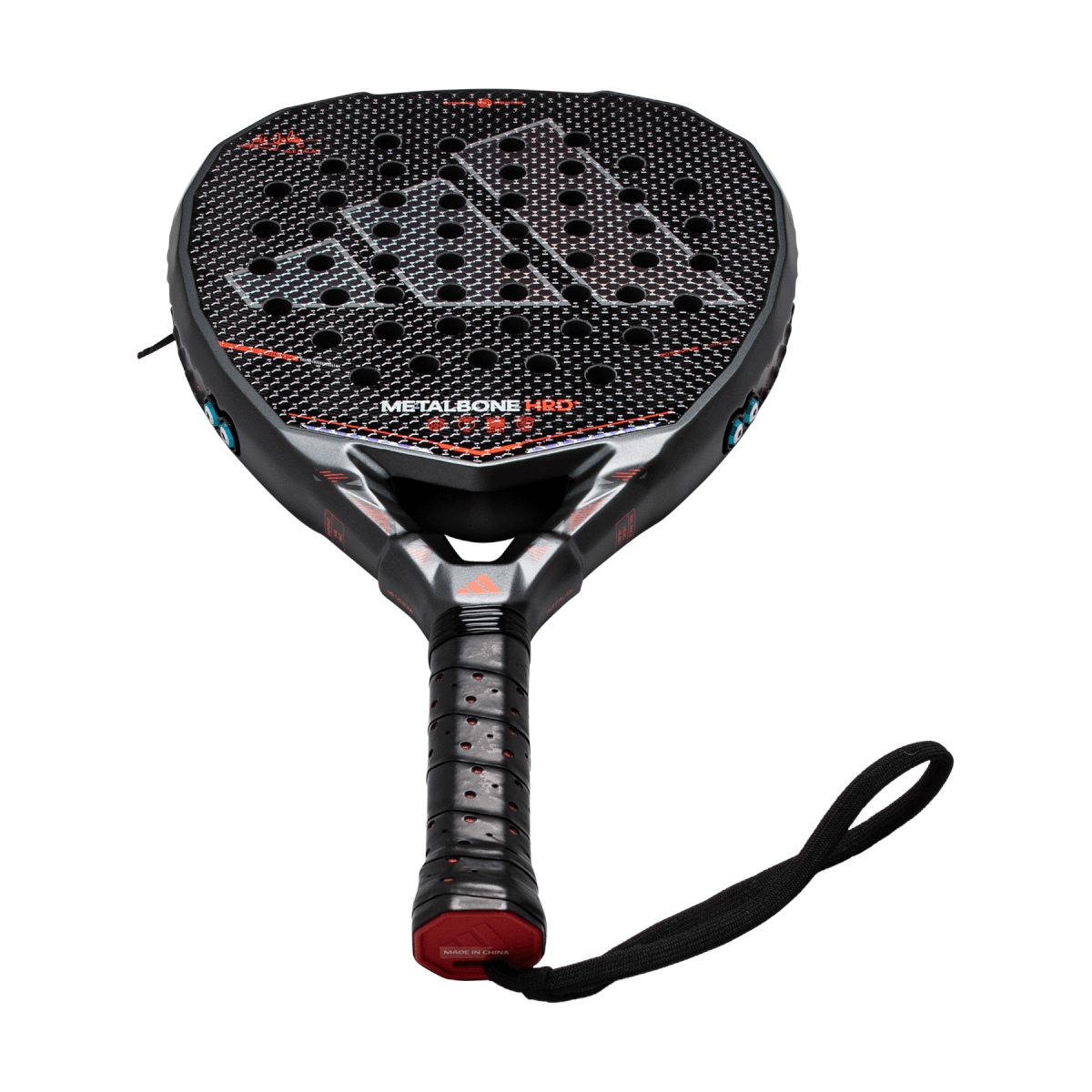 Top-down view of a black Adidas Metalbone HRD padel racket with a prominent Adidas logo and visible "METALBONE HRD" text.