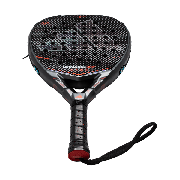 Top-down view of a black Adidas Metalbone HRD padel racket with a prominent Adidas logo and visible "METALBONE HRD" text.