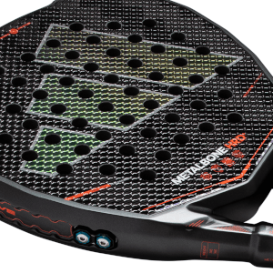 Close-up of a black padel racket face featuring the "METALBONE HRD" text, green diamond patterns, and circular holes.