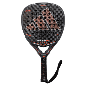 Front view of a black padel racket with a large copper Adidas logo and "METALBONE HRD+" text.