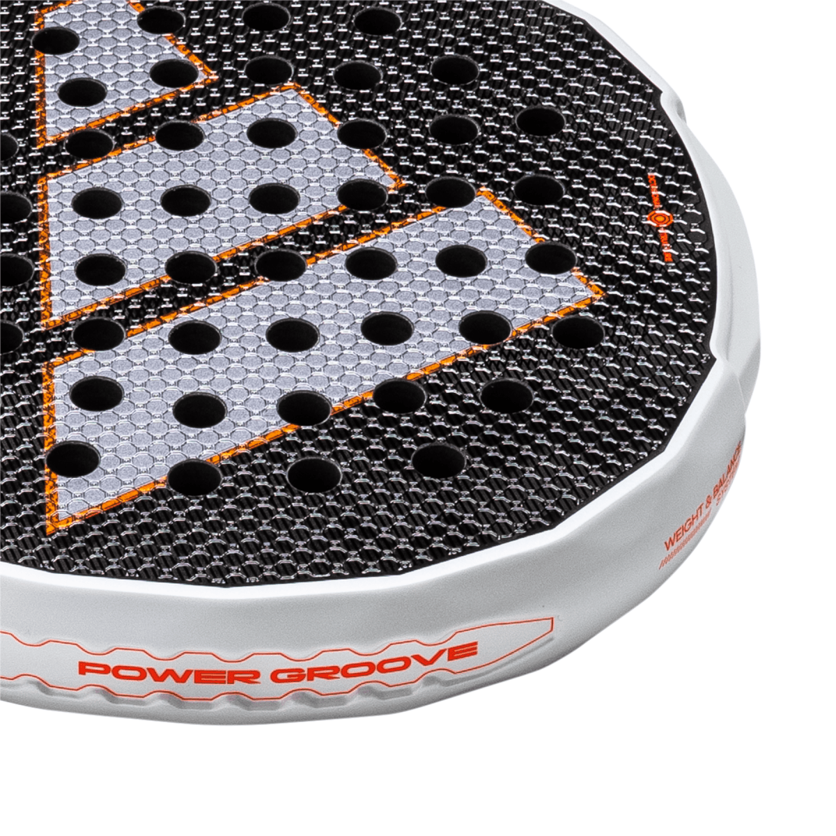 Corner view of a racket showing the "POWER GROOVE" text, circular holes, and orange accents.