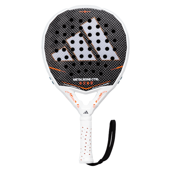 Front view of a white Adidas Metalbone Ctrl padel racket with a black textured hitting surface, silver three-bar logo, and orange accents.