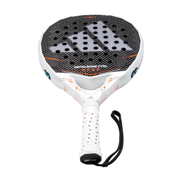 Front view of a white padel racket featuring the Adidas logo on its black, perforated hitting surface, and "METALBONE CTRL" text.