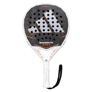 Front view of a white Adidas Metalbone Ctrl padel racket with a black textured hitting surface, silver three-bar logo, and orange accents.