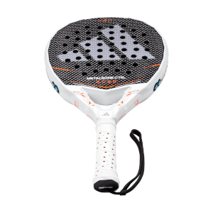 Front view of a white padel racket featuring the Adidas logo on its black, perforated hitting surface, and "METALBONE CTRL" text.