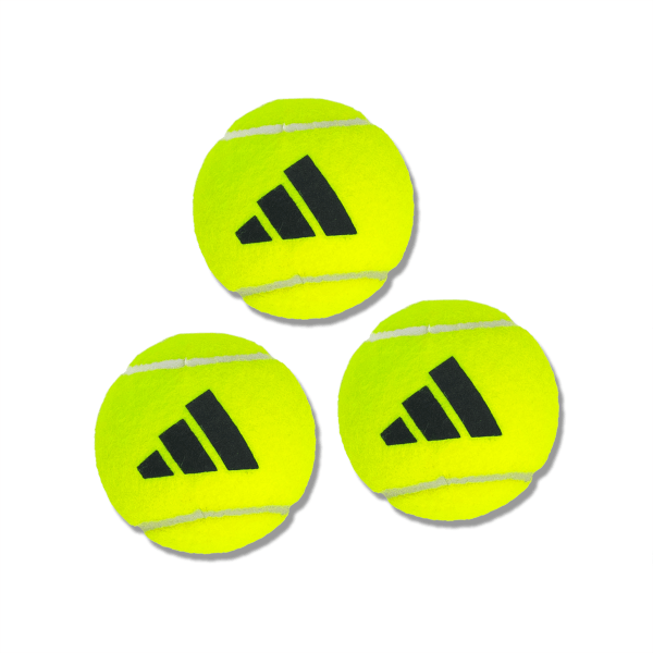 Front view of three neon yellow padel balls featuring white seams and the black Adidas three-stripe logo.