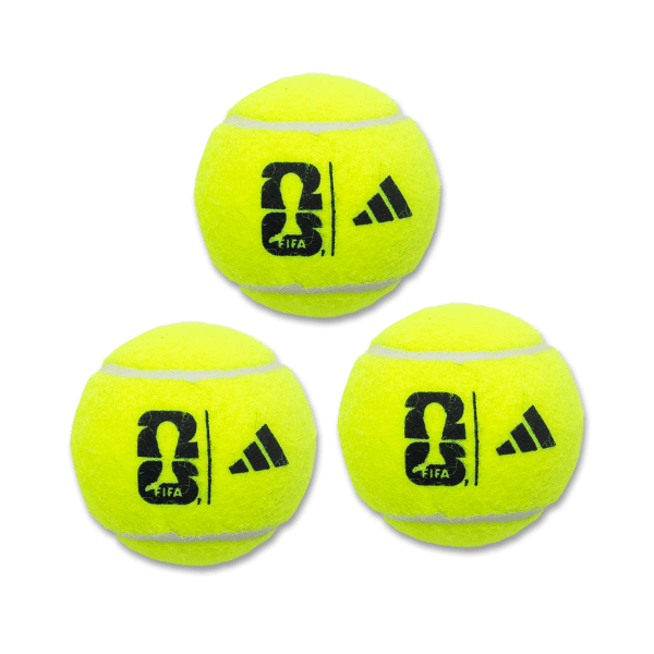 Front view of three neon yellow fuzzy padel balls arranged in a triangle, each featuring a black FIFA 26 logo and the Adidas three-stripe logo.