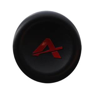 Top-down view of a black baseball bat end cap with a red A logo.