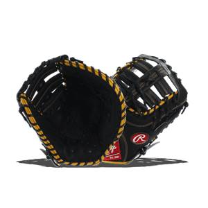 Front view of a black first base mitt with yellow lacing and a red Rawlings logo.