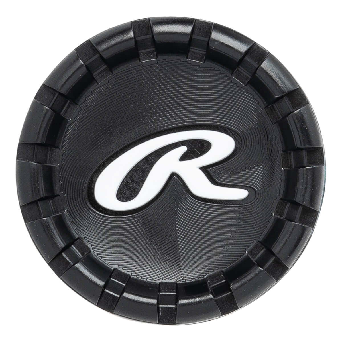 End cap view of a black baseball bat with a white Rawlings logo and textured rim.