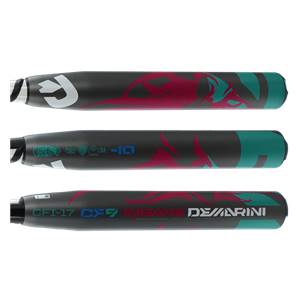 Bottom view of a black DeMarini CF9 Insane Fastpitch Softball Bat with teal and pink graphics and CF17 text.