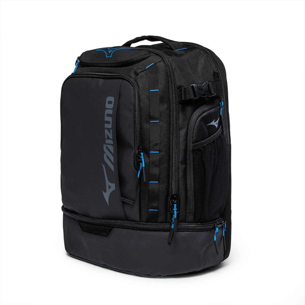 Front-right view of a black Mizuno backpack with blue accents, a mesh side pocket, and a separate bottom compartment.