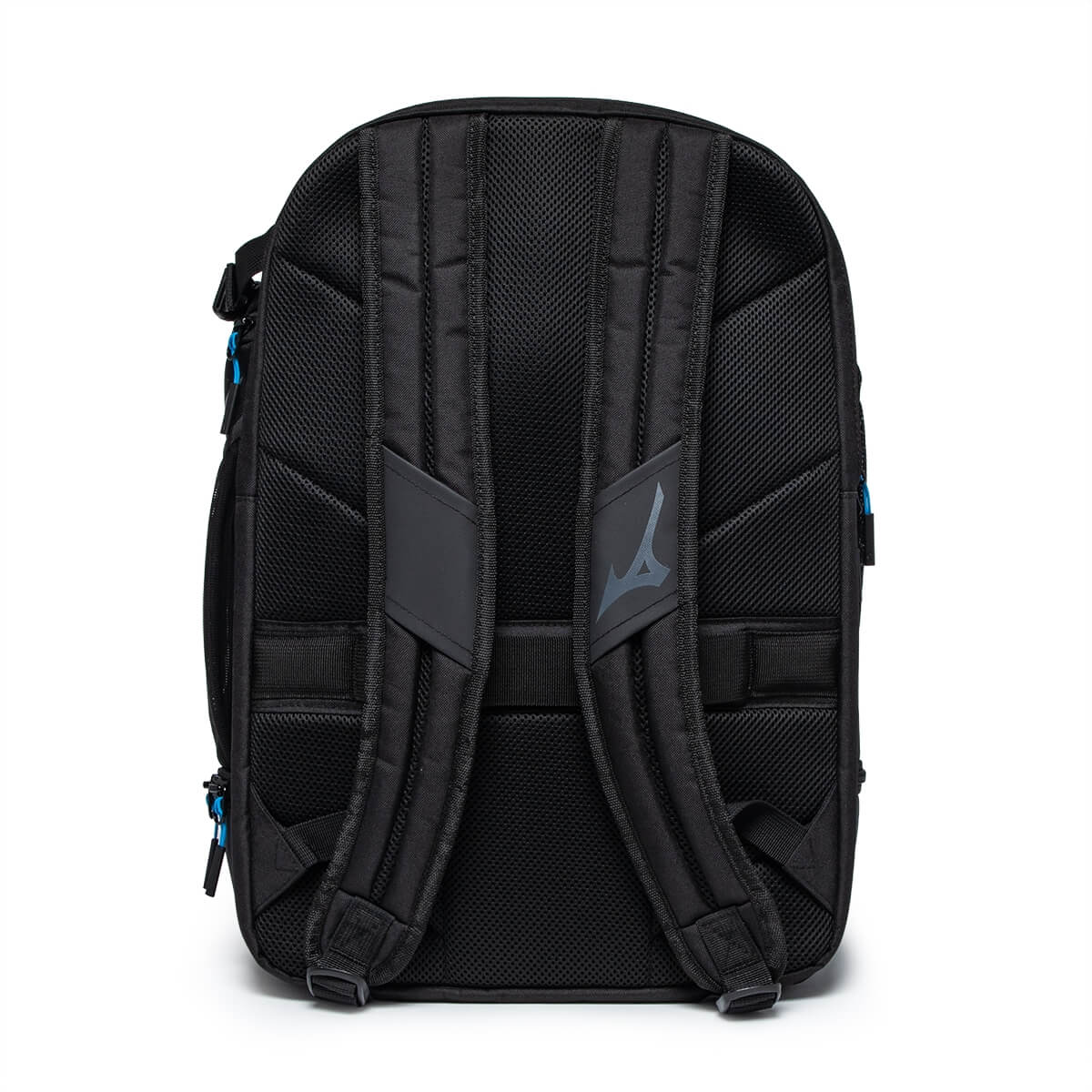Back view of a black backpack with padded straps and a Mizuno logo.