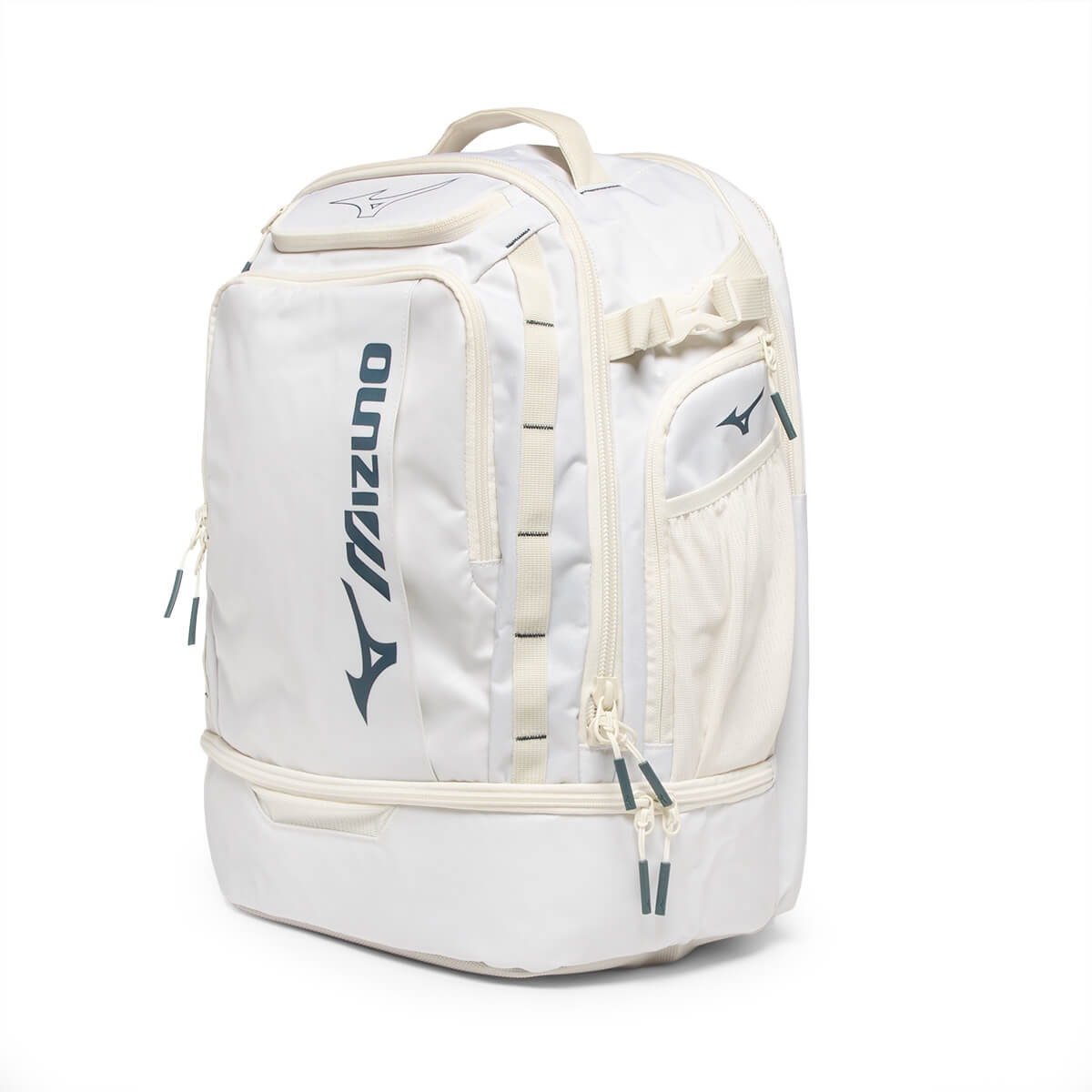 Front-right view of a white Mizuno pickleball backpack with a large vertical logo and multiple zippered pockets.