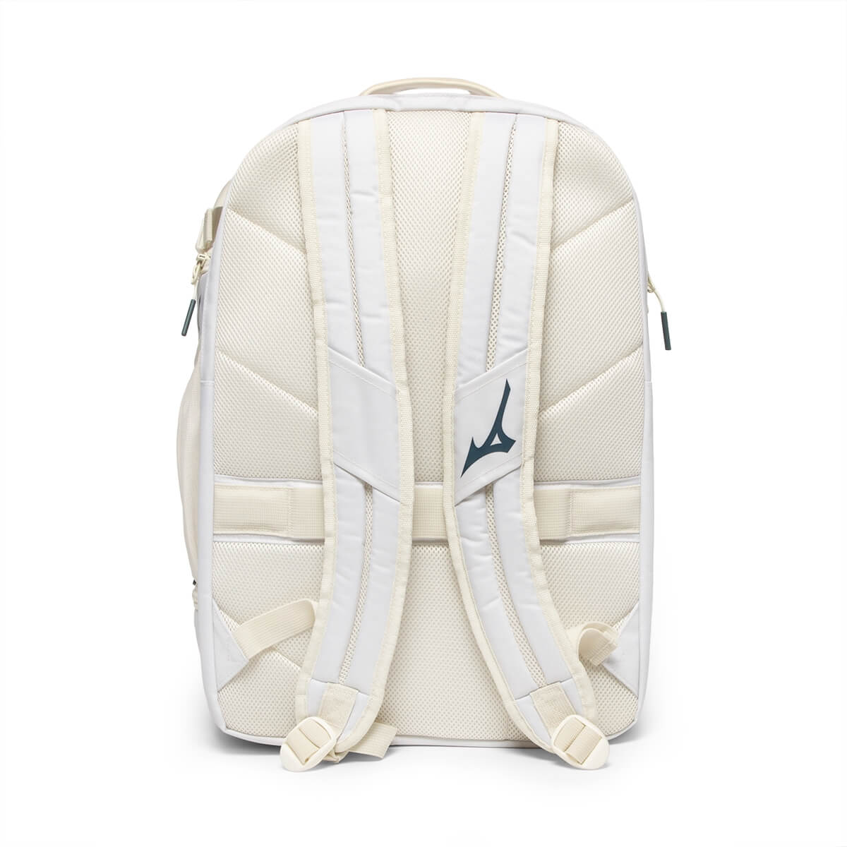 Back view of a white backpack with padded straps and a dark blue Mizuno logo.