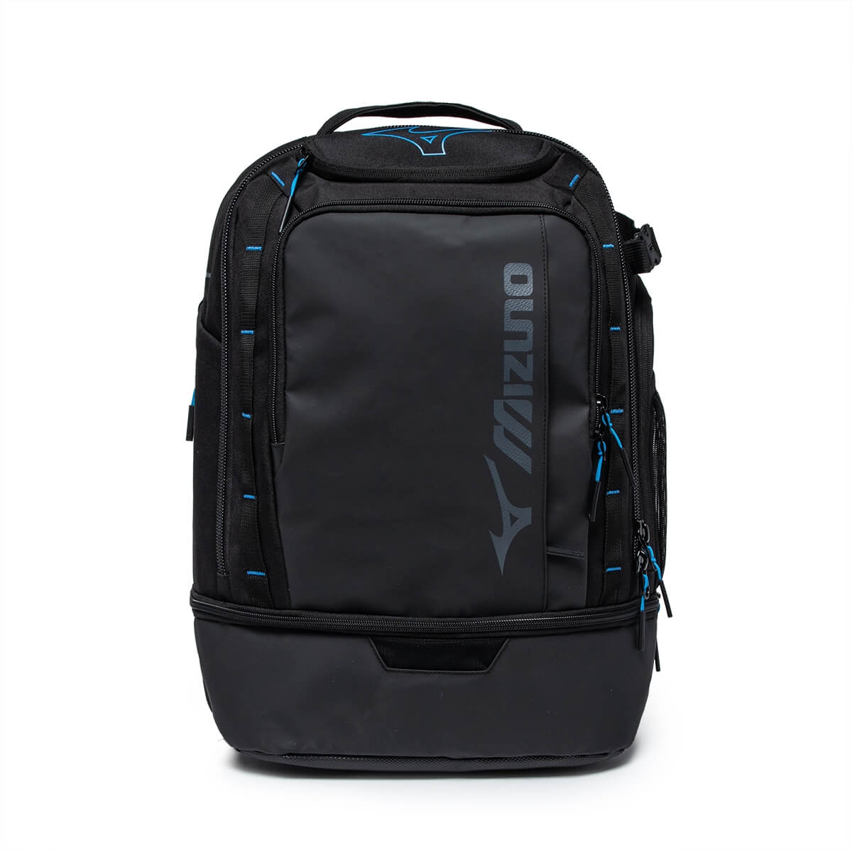 Front view of a black Mizuno pickleball backpack with blue accents and a large gray logo.