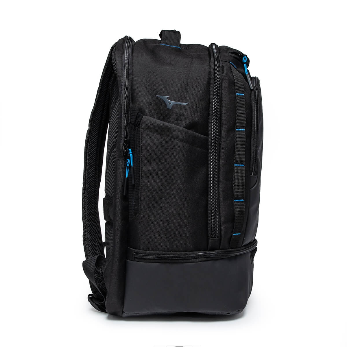 Side view of a black backpack with blue zipper accents and a silver Mizuno logo.