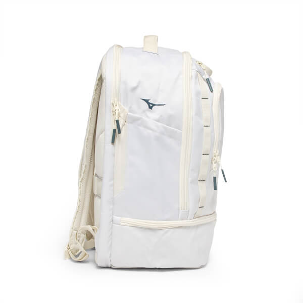 Side view of a white Mizuno pickleball backpack with a teal logo and cream zippers.