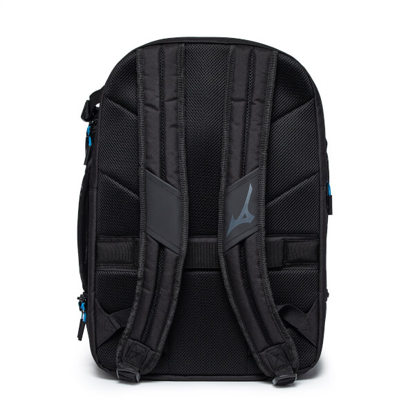 Back view of a black backpack with padded straps and a Mizuno logo.