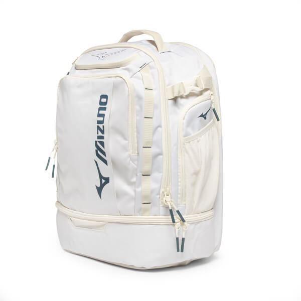 Front-right view of a white Mizuno pickleball backpack with a large vertical logo and multiple zippered pockets.
