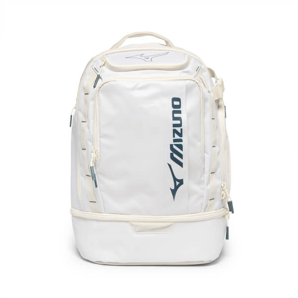 Front view of a white backpack with navy Mizuno branding and a separate bottom compartment.