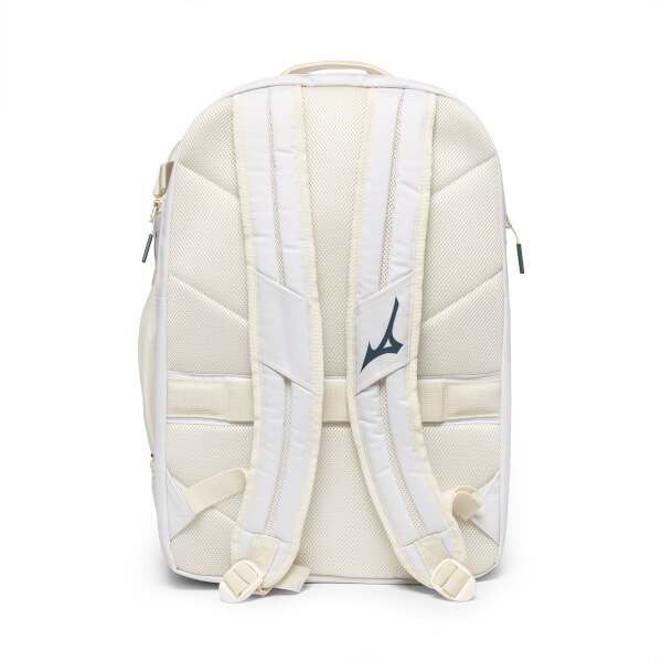 Back view of a white backpack with padded straps and a dark blue Mizuno logo.