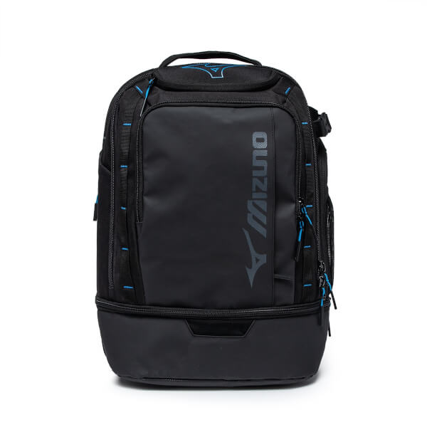 Front view of a black Mizuno pickleball backpack with blue accents and a large gray logo.
