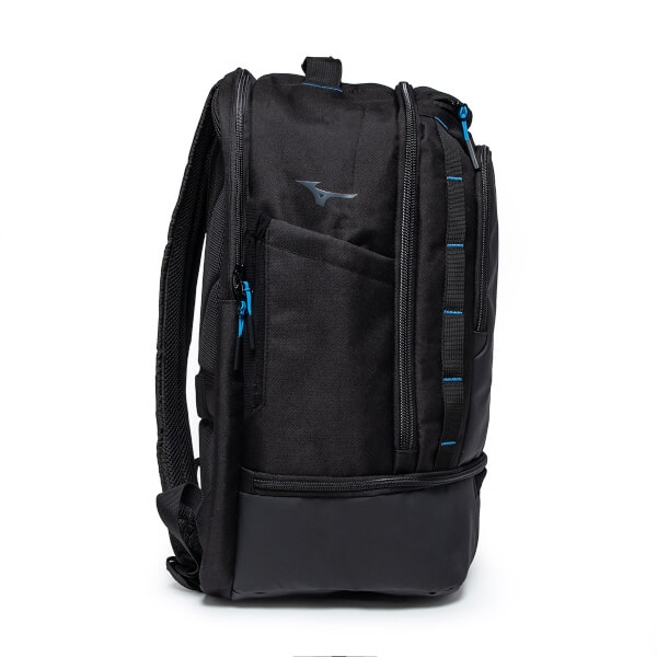 Side view of a black backpack with blue zipper accents and a silver Mizuno logo.