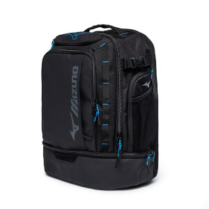 Front-right view of a black Mizuno backpack with blue accents, a mesh side pocket, and a separate bottom compartment.