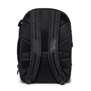 Back view of a black backpack with padded straps and a Mizuno logo.