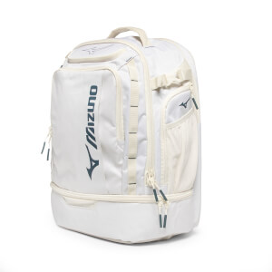 Front-right view of a white Mizuno pickleball backpack with a large vertical logo and multiple zippered pockets.