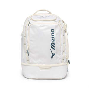 Front view of a white backpack with navy Mizuno branding and a separate bottom compartment.
