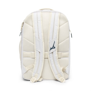Back view of a white backpack with padded straps and a dark blue Mizuno logo.