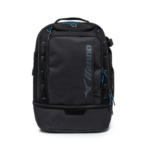 Front view of a black Mizuno pickleball backpack with blue accents and a large gray logo.