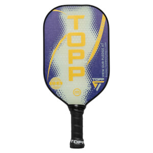 Front view of a white pickleball paddle with yellow TOPP text and a purple abstract design.