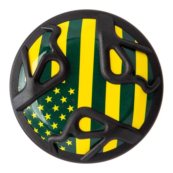 Top-down view of a baseball bat end cap with green and yellow stripes and black accents.