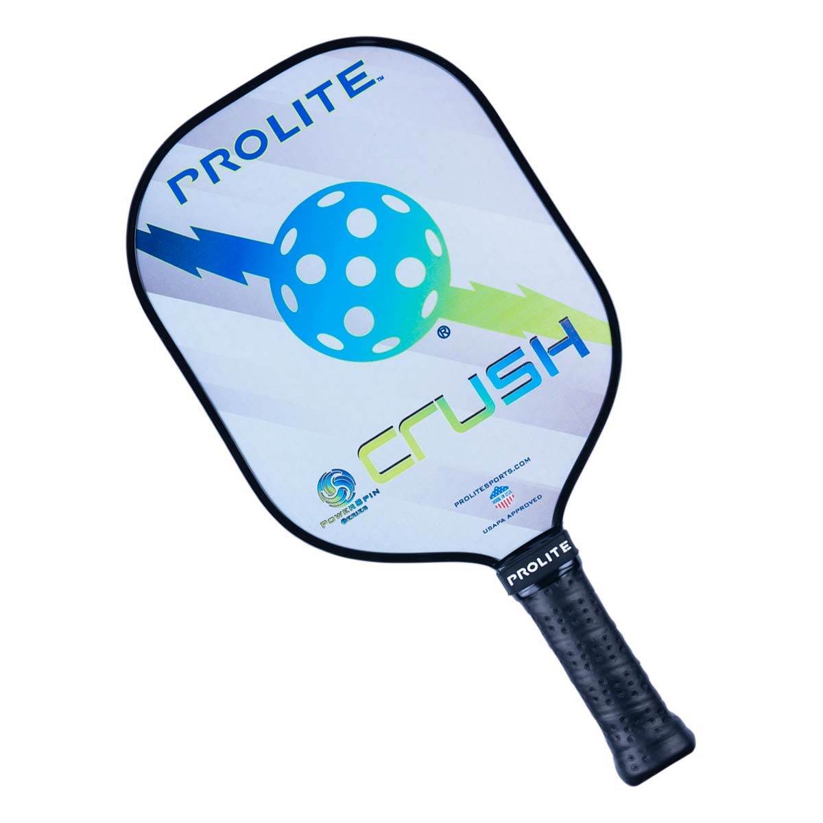 Front view of a white pickleball paddle with PROLITE and CRUSH text, a blue and green pickleball graphic, and a black grip.