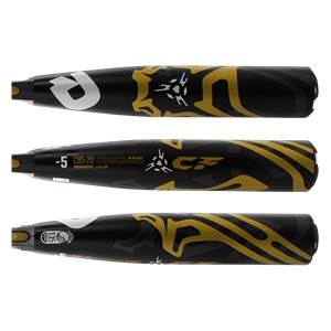 Top-down view of a black baseball bat with gold accents and CF logo.