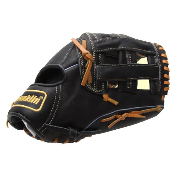 Side view of a black baseball glove with tan lacing and a Franklin logo.