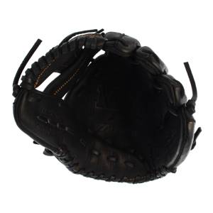 Top-down view of a black baseball glove with tan stitching and a Mizuno logo.