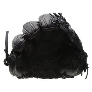 Top-down view of a black baseball glove with A1K embossed on the palm and a laced web.