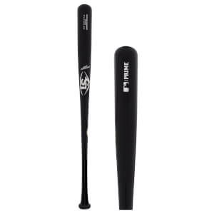 Full view of a black baseball bat with white Louisville Slugger logo, and a close-up of the barrel showing PRIME and MLB logos.