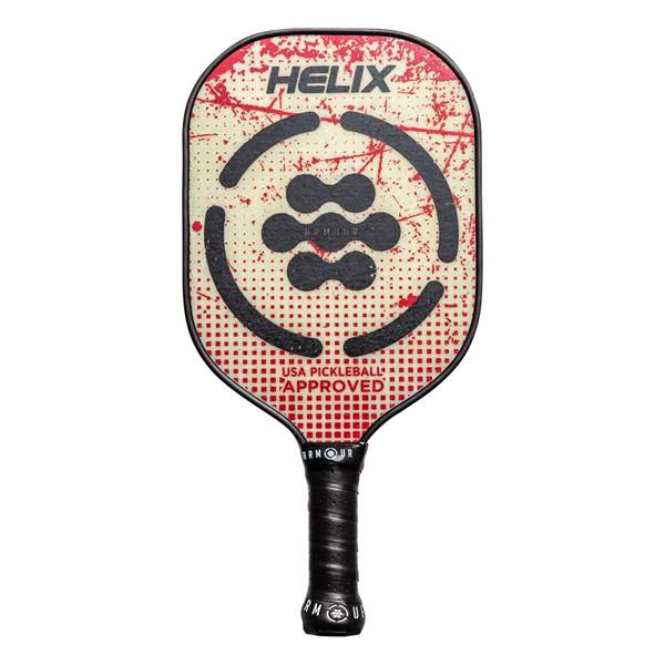 Front view of a white and red pickleball paddle with HELIX text, a circular graphic, and USA PICKLEBALL APPROVED text.
