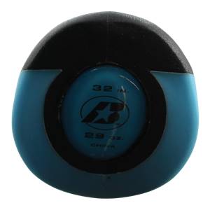 End view of a blue and black baseball bat with 32 IN. and 29 OZ. text.