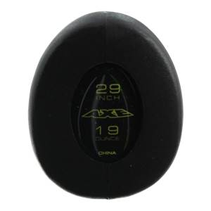 End cap view of a black baseball bat with 29 INCH, AXE, 19 OUNCE, and CHINA text.