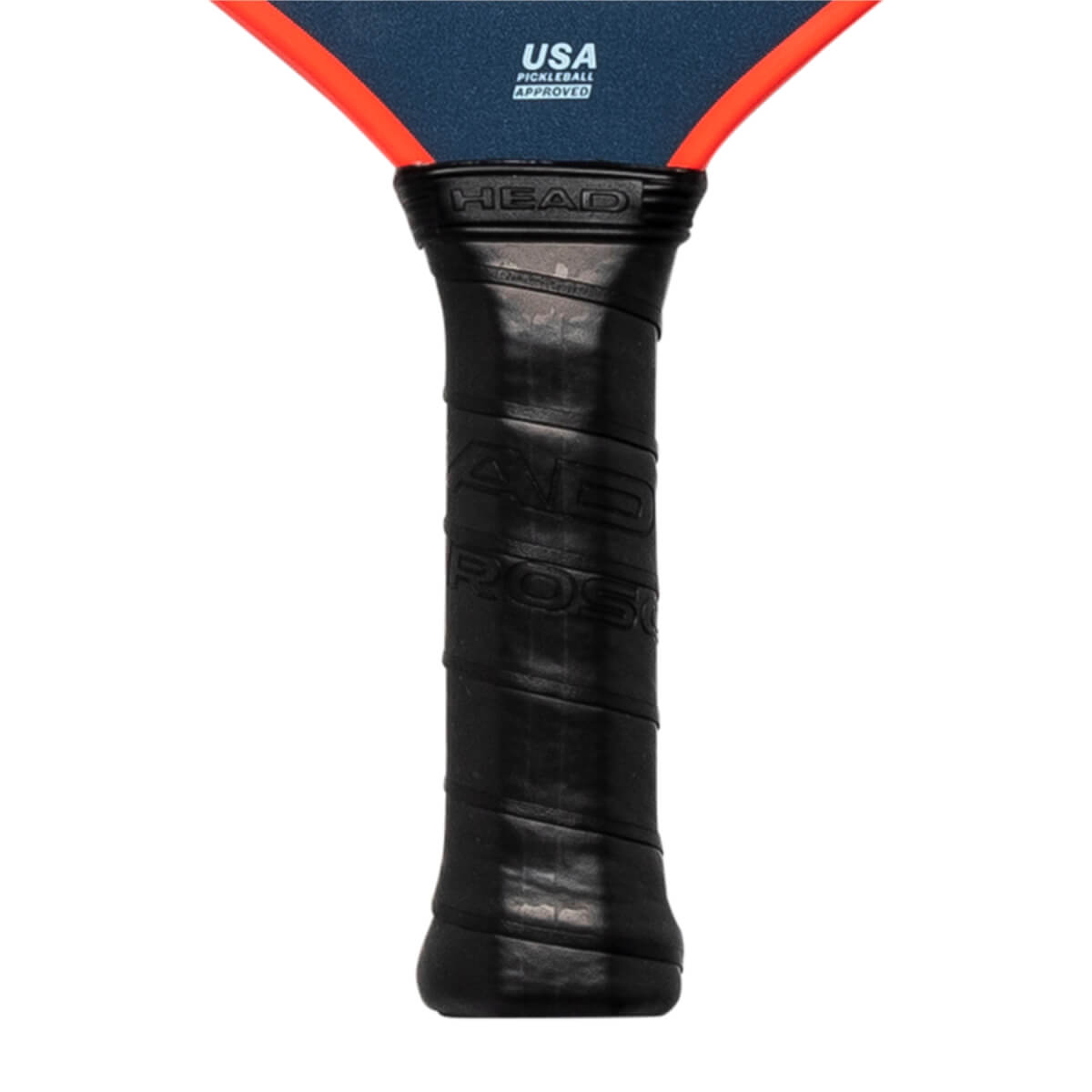 Close-up of a black pickleball paddle grip with HEAD logo and USA PICKLEBALL APPROVED text.