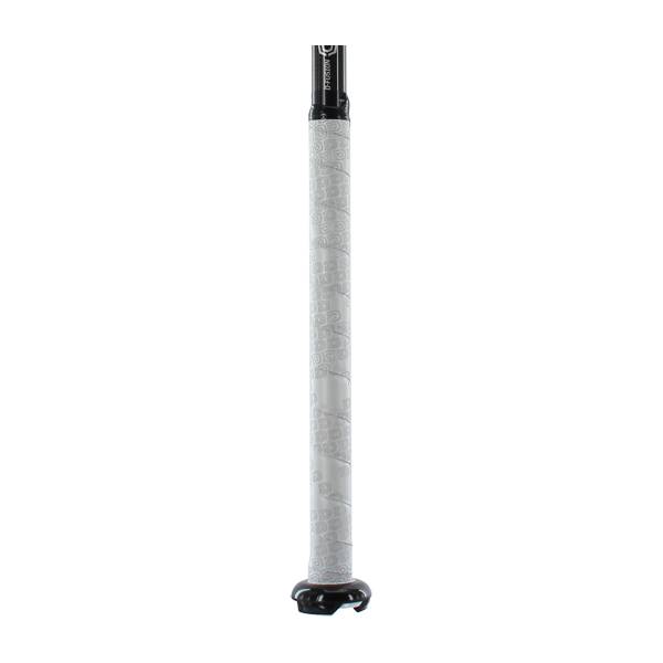 Close-up of a white bat grip with a black end cap and visible DeMarini branding.